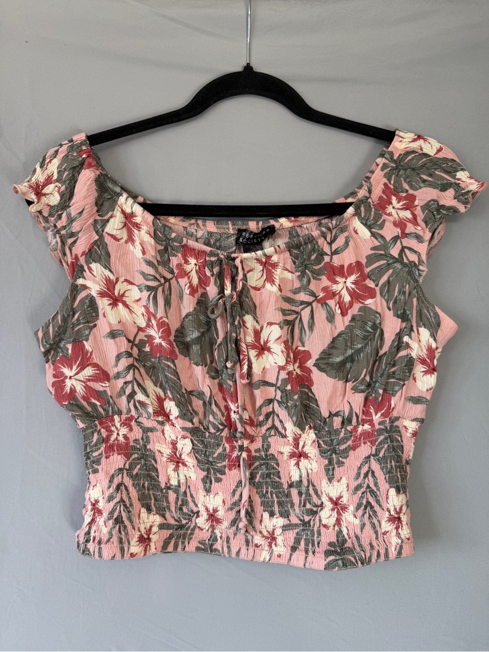 Streetwear Society Womens Boho Floral Crop Top Size L Pink Festival Smocked